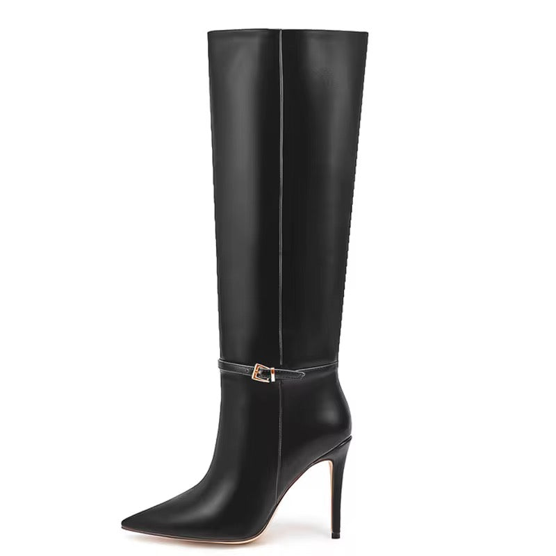 Sleek Stiletto Buckle Knee-High Boots