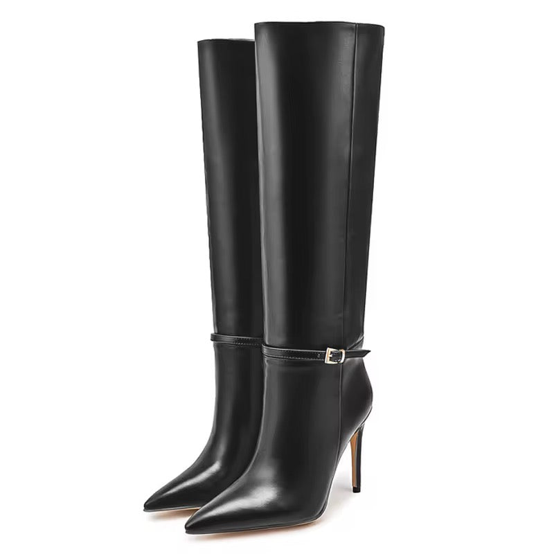 Sleek Stiletto Buckle Knee-High Boots