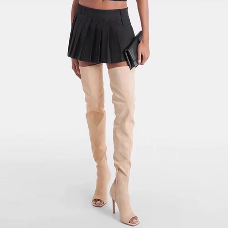 Suede Open-Toe Thigh High Boots