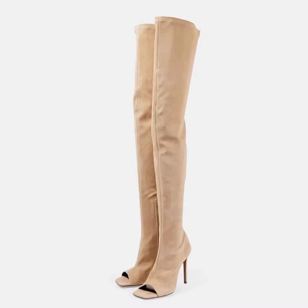 Suede Open-Toe Thigh High Boots