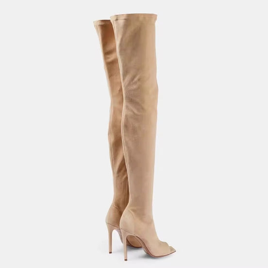 Suede Open-Toe Thigh High Boots