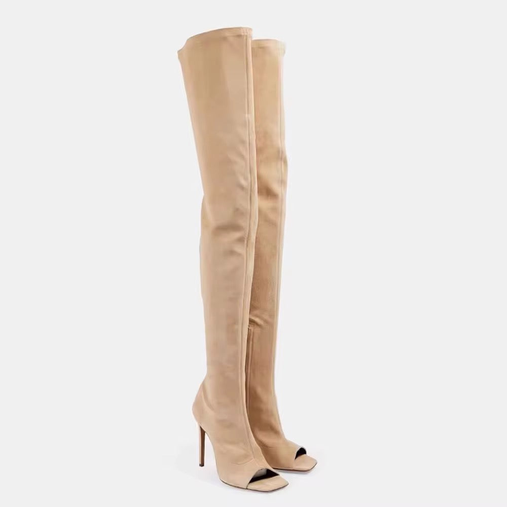 Suede Open-Toe Thigh High Boots