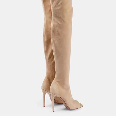 Suede Open-Toe Thigh High Boots